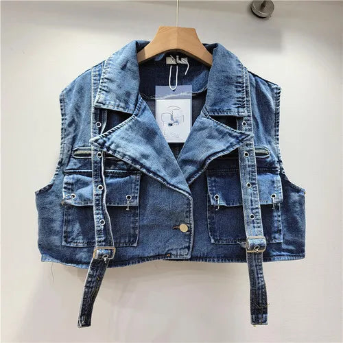 Retro Pink Large Pocket Denim Suit Spring Summer Sleeveless Short Vest High Waist Hip Wrapped Skirt 2 Pieces Sets Women Outfits