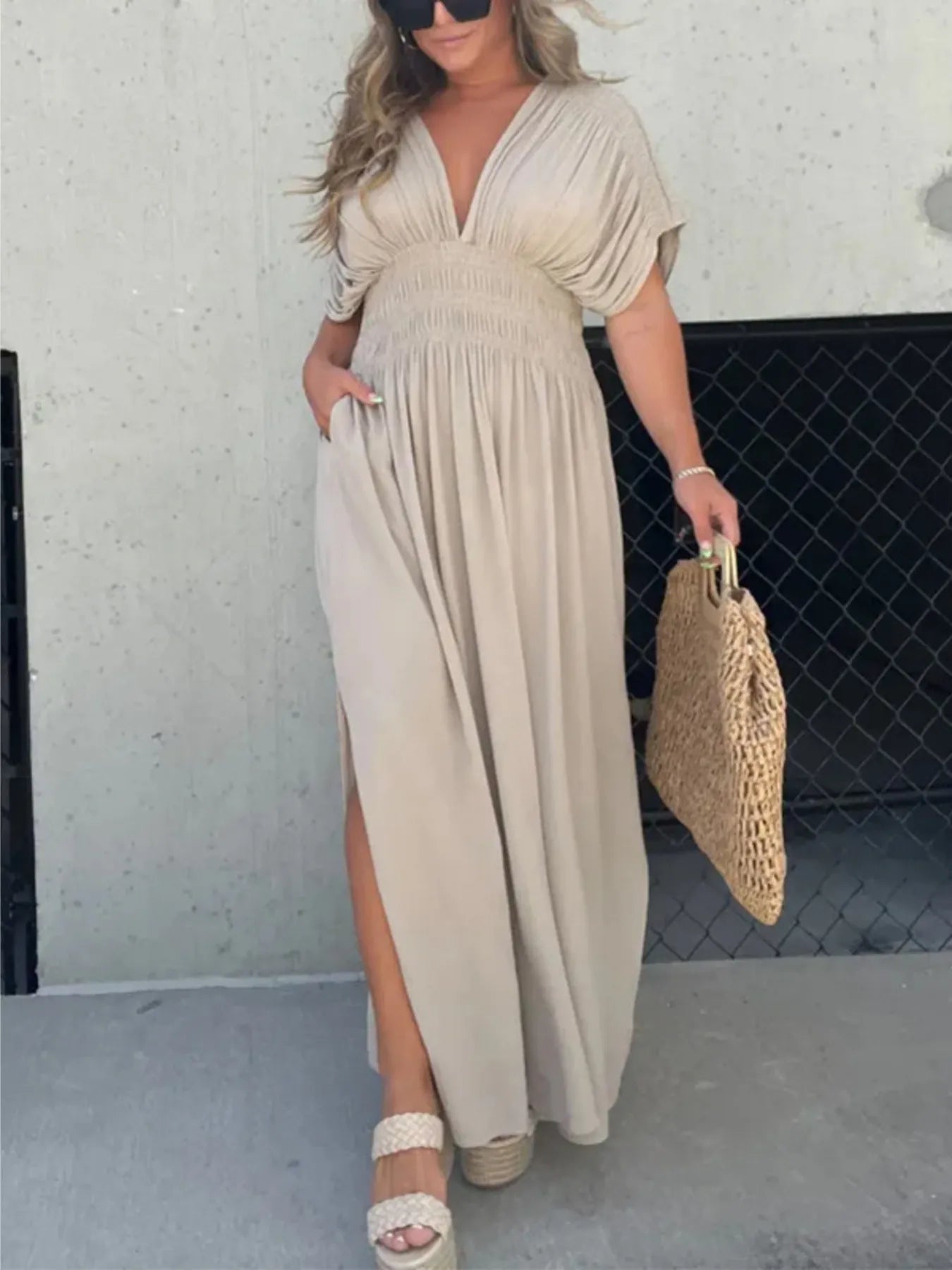 Deep V-Neck Maxi Dress with Side Slit Plus Size