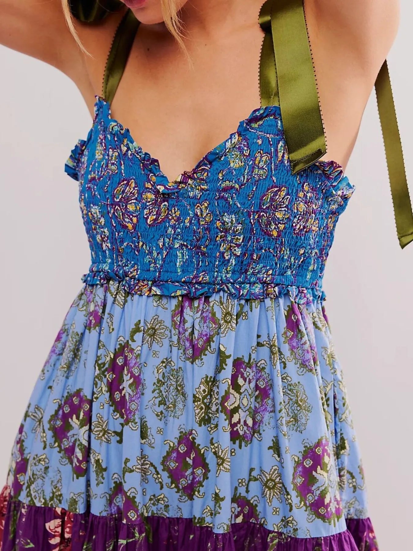 Smocked Printed Tie Shoulder Maxi Dress