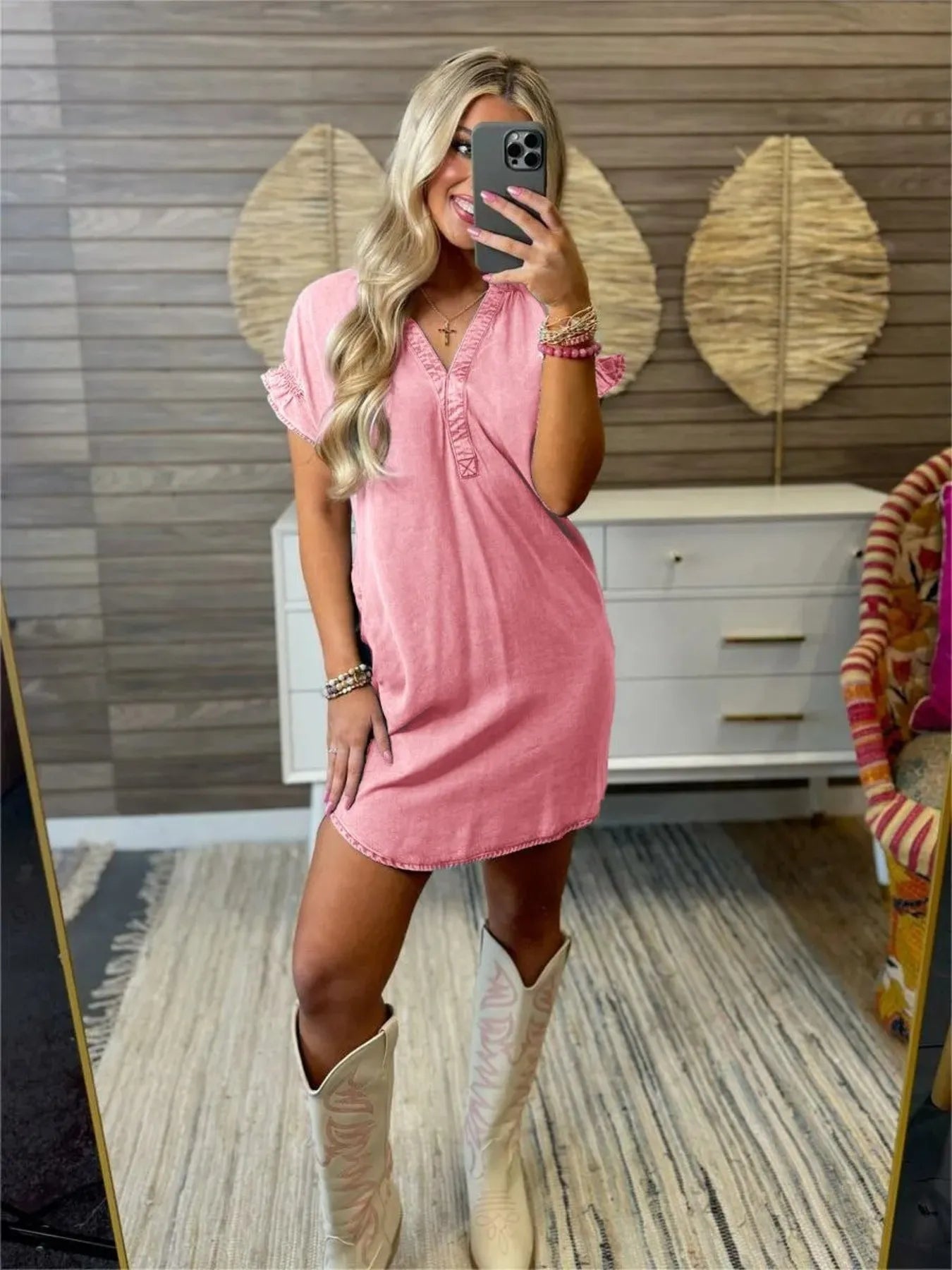 V-Neck Short Sleeve Denim Dress Plus Size
