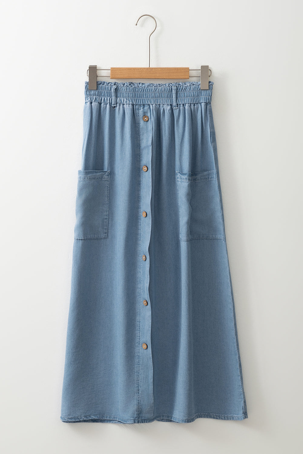 Beau Blue Buttoned Front High Waist Denim Maxi Skirt Pockets