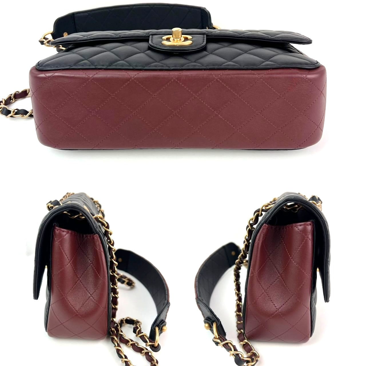 Sac à bandoulière matelassé en cuir de veau Chanel noir bordeaux avec bandoulière à rabat