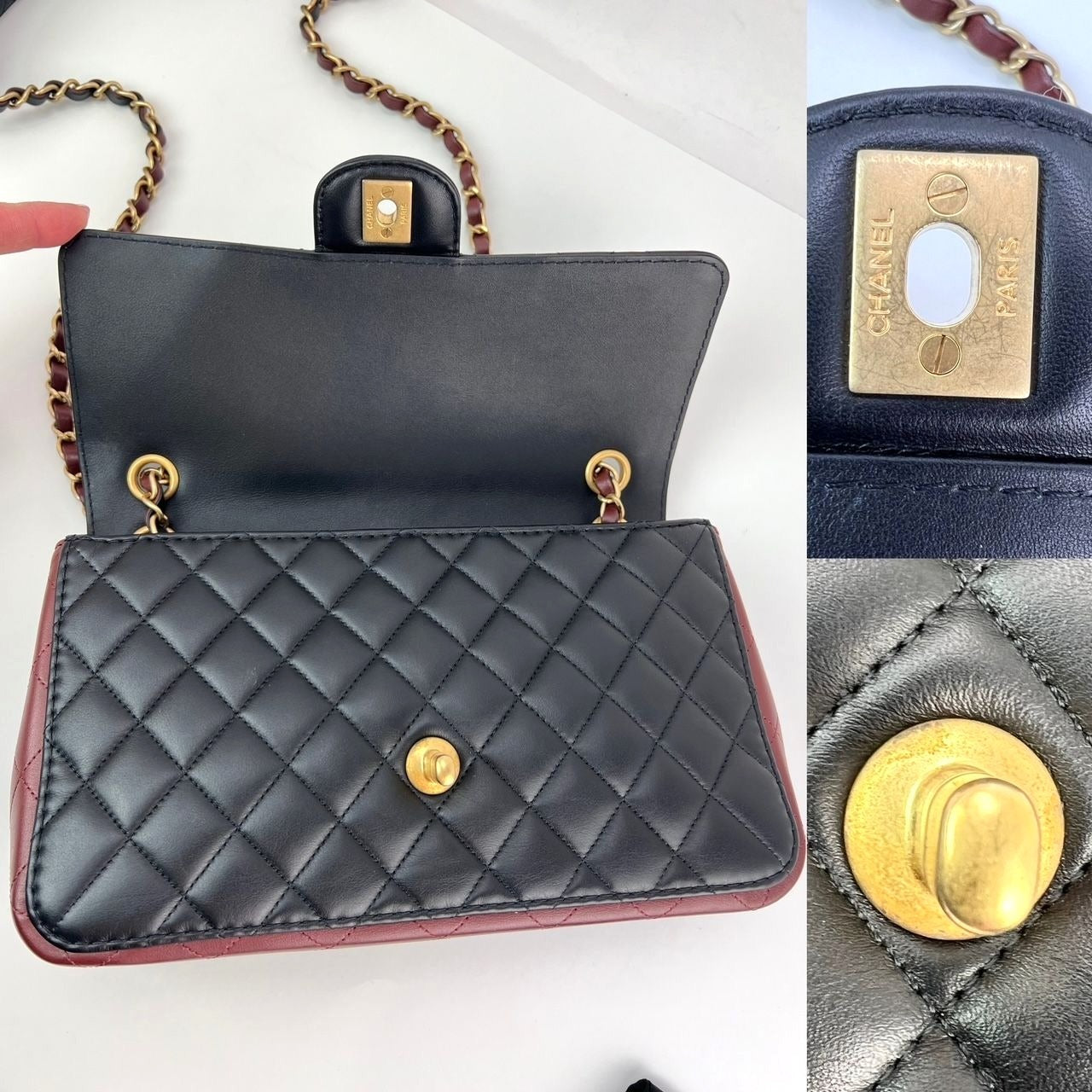 Sac à bandoulière matelassé en cuir de veau Chanel noir bordeaux avec bandoulière à rabat