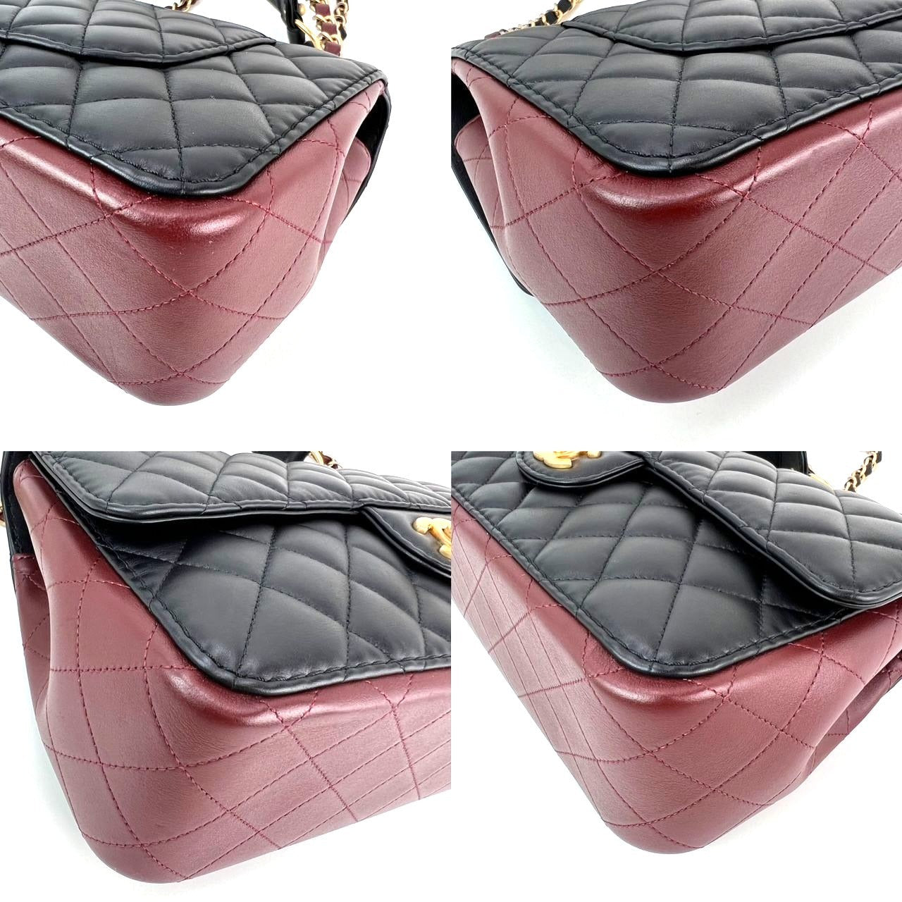 Sac à bandoulière matelassé en cuir de veau Chanel noir bordeaux avec bandoulière à rabat