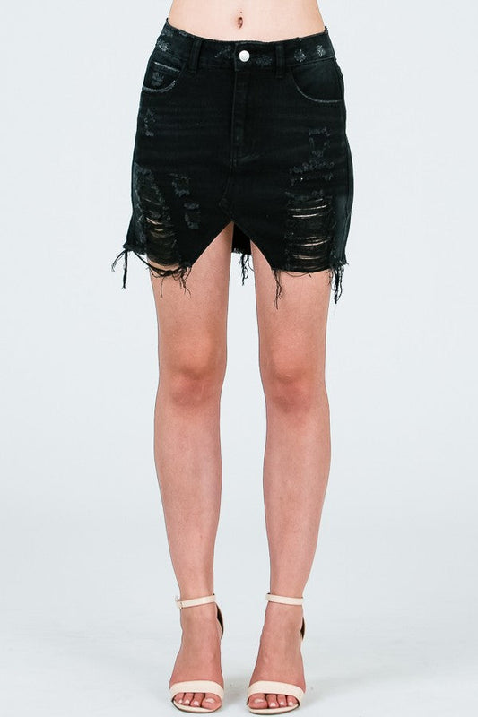 DISTRESSED MINI SKIRT W/ TRIANGLE CUTOUT