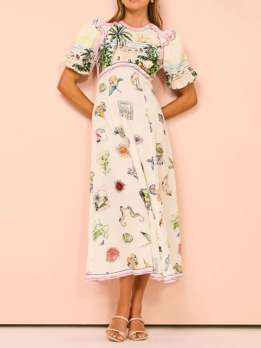 Printed Round Neck Puff Sleeve Midi Dress