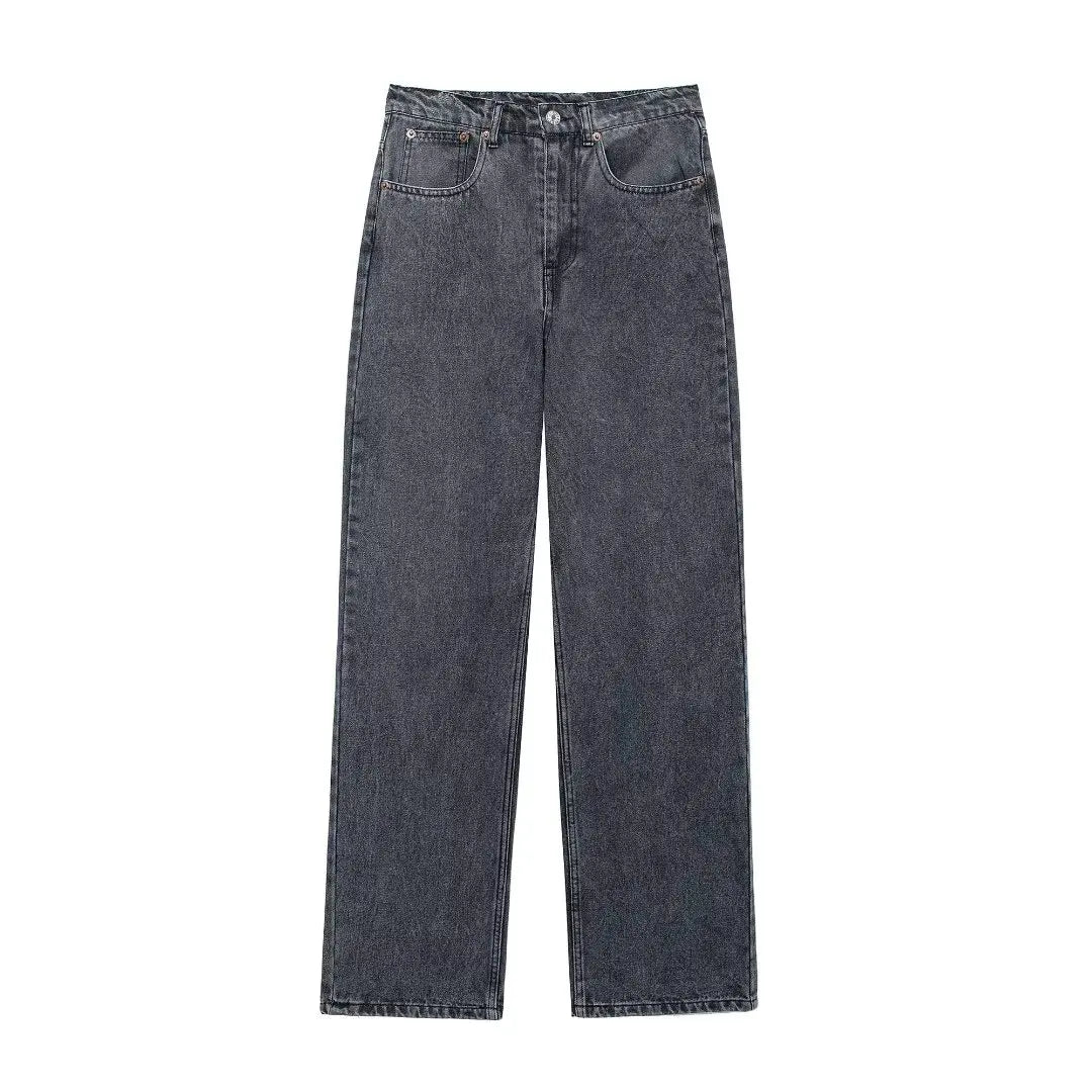 TRAFZA Jeans pour femmes 2024 Denim solide ample fermeture éclair braguette femme trou pantalon poches sauvage basique trajet femme jambe large pantalon long 