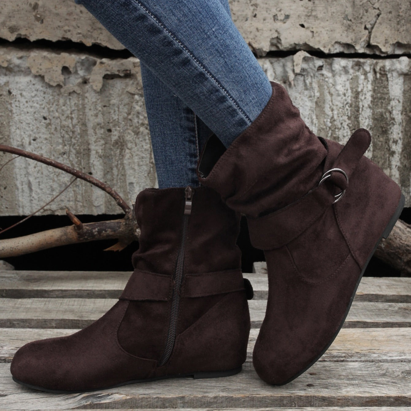 Ankle Boots  Round Toe Buckle Belt Side Zipper Boots