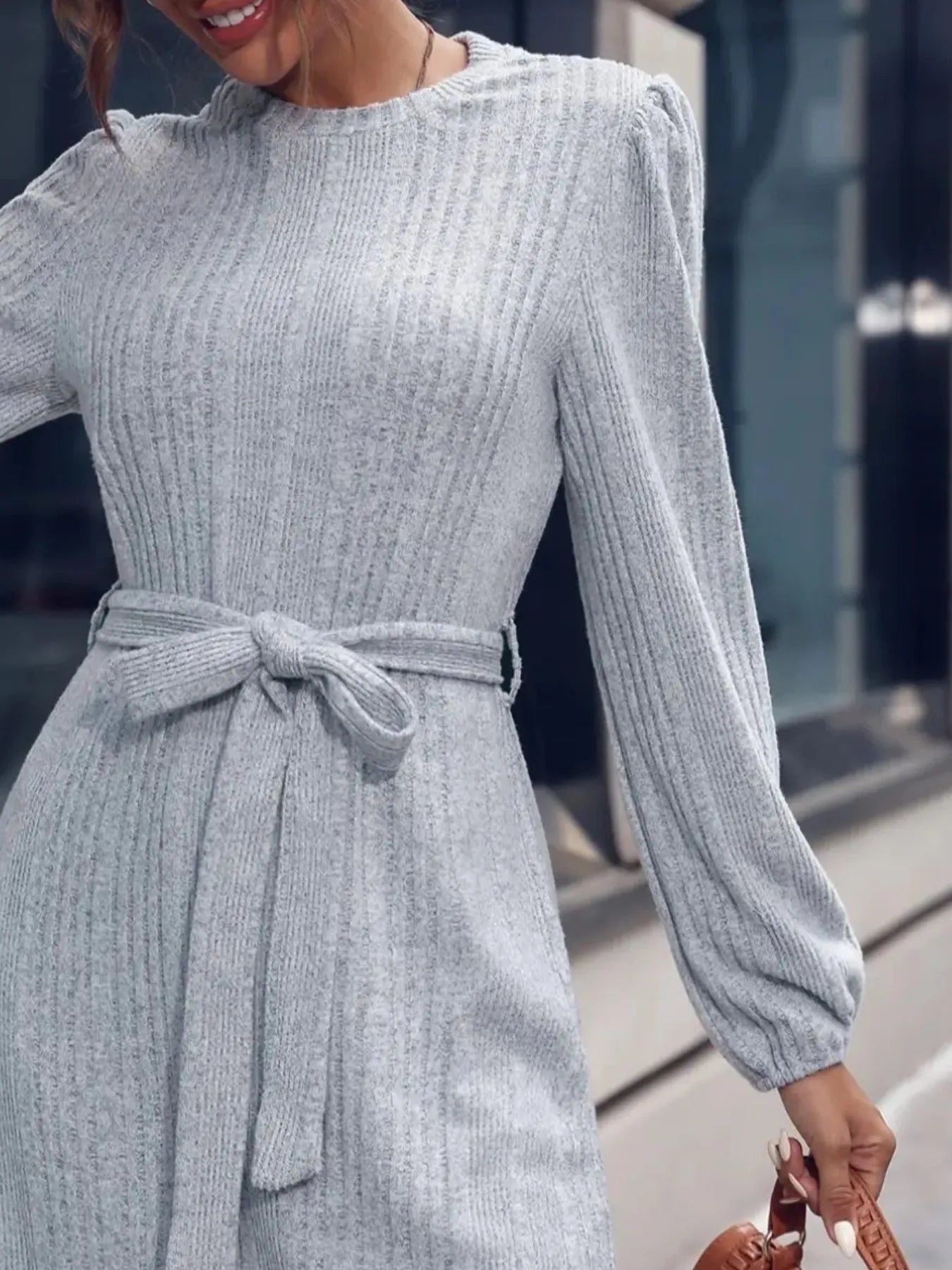 Ribbed Knit Long Sleeve Sweater Dress