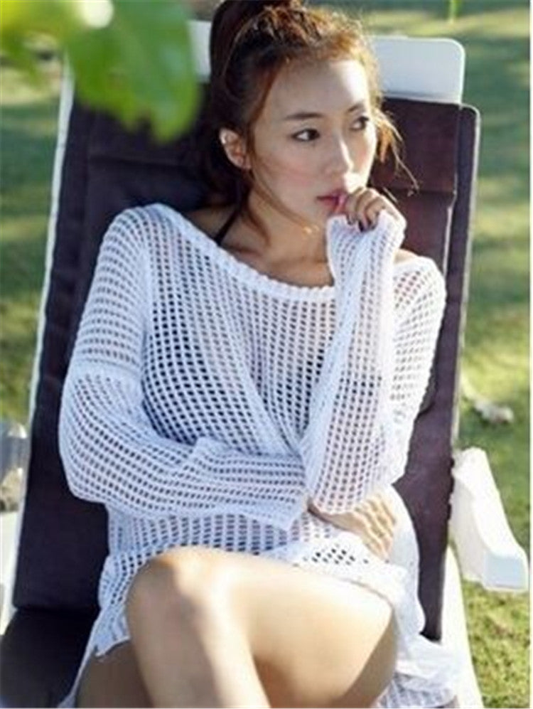 Korean Hollow Out Cutout Mesh Knitwear Bikini Swimsuit Outwear Split Beach Cover-up