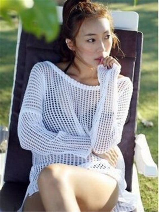 Korean Hollow Out Cutout Mesh Knitwear Bikini Swimsuit Outwear Split Beach Cover-up
