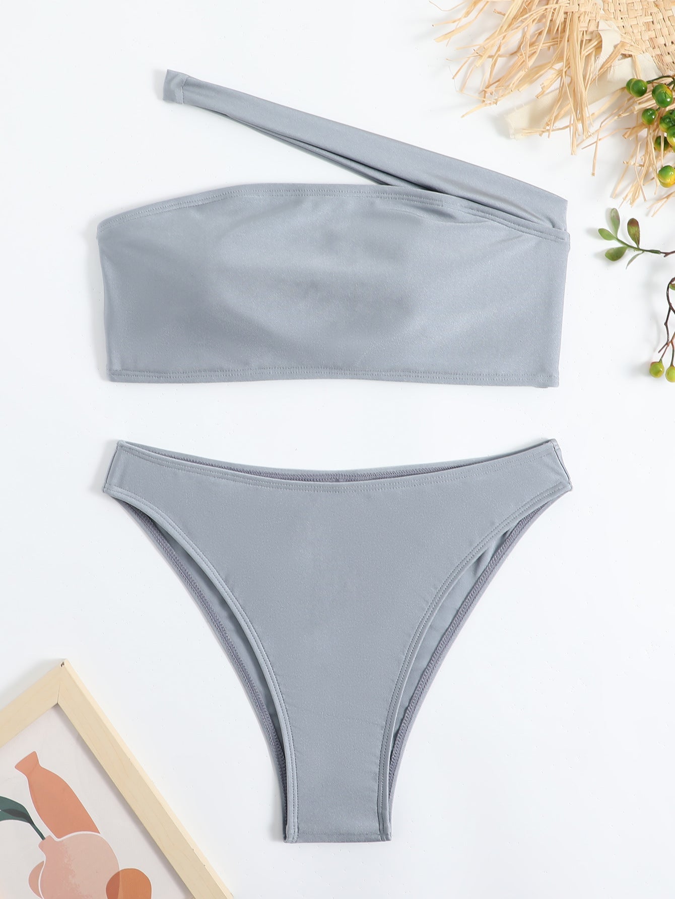 Swimsuit Women Bikini Solid Color Swimsuit Women Single Shoulder Sloping Shoulder Tube Top Bikini