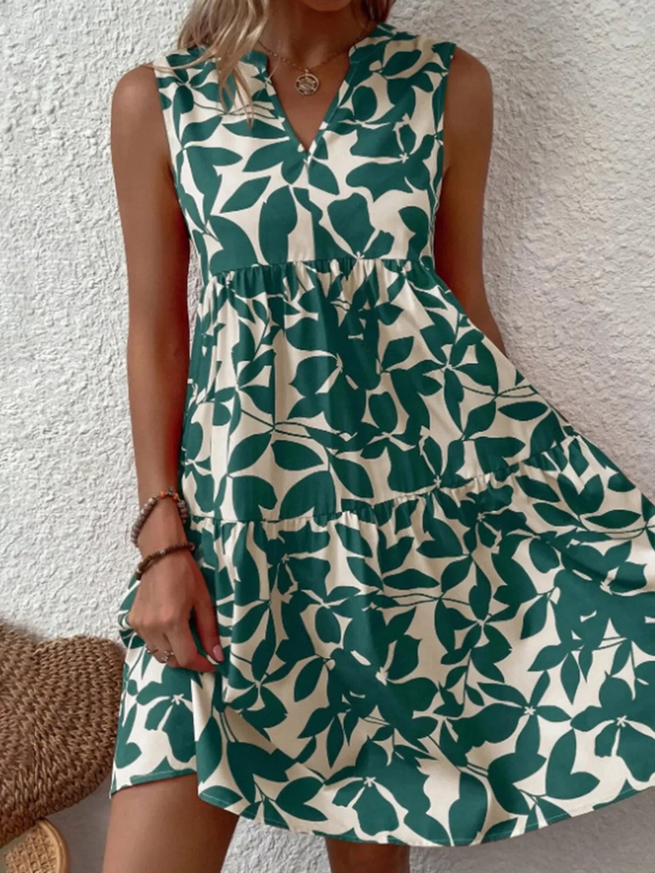 Printed V-Neck Sleeveless Mini Dress