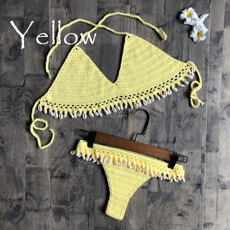 Beach Ins Hand Crocheting Cotton Woven Sexy Bikini Shell Split Swimsuit