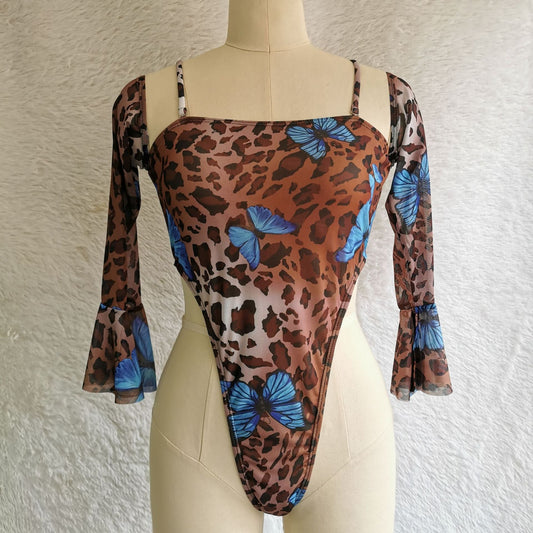 Leopard Print Mesh One-Piece Swimsuit Sleeved Swimwear New Sexy Bikini