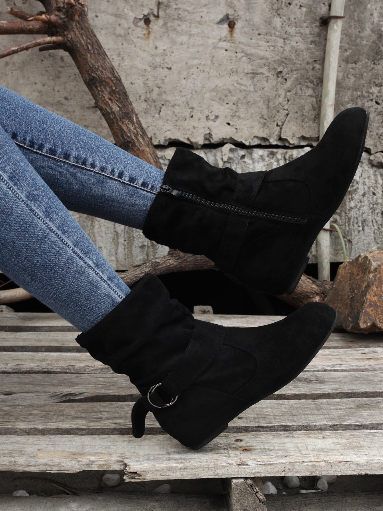 Ankle Boots  Round Toe Buckle Belt Side Zipper Boots