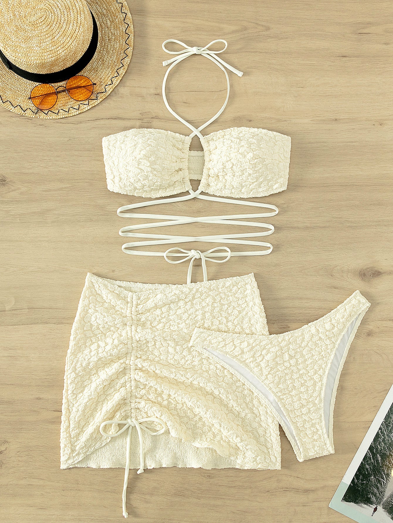 Swimwear Sexy Bikini Three Piece Halter Strap White Bikini Swimsuit