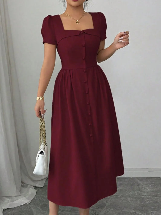 Square Neck Puff Sleeve Midi Dress