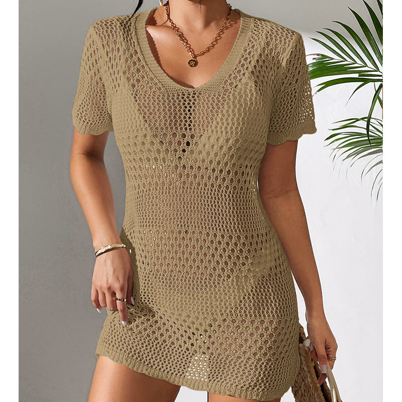 Women Clothes Sexy Cutout Short Sleeve Casual Bikini Cover Up Swimsuit Blouse Beach Sun Protection Shirt Crochet hook