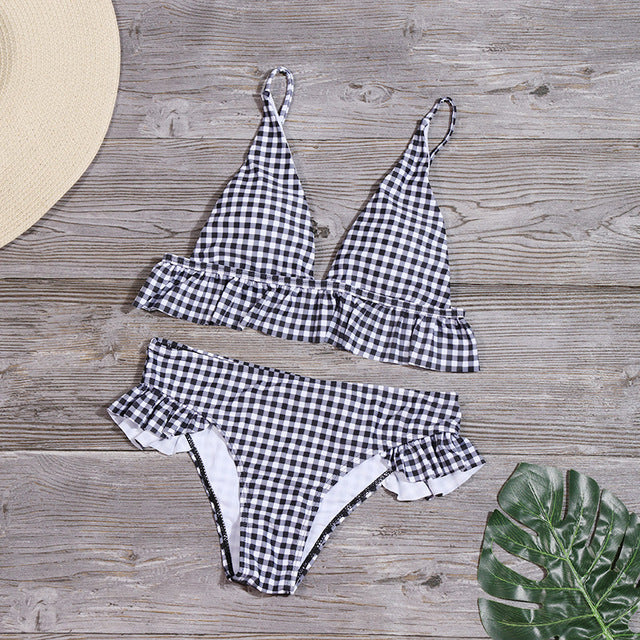 Plaid Bikini Ruffle Swimwear Push up Split Swimsuit