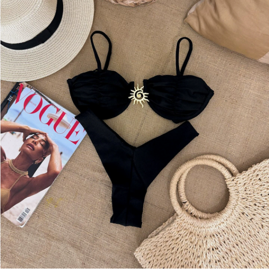 Solid Color Steel Bracket Push up Bikini Split Swimsuit Women Two Piece Bikini