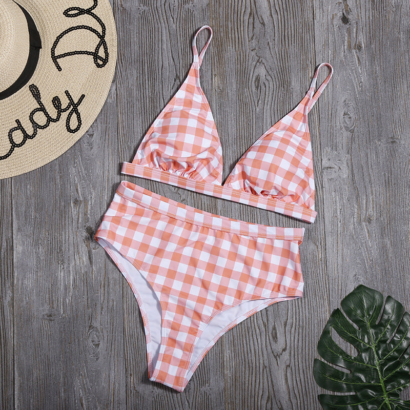 High Waist Plaid Bikini Split Swimsuit Sports Swimwear Bikini