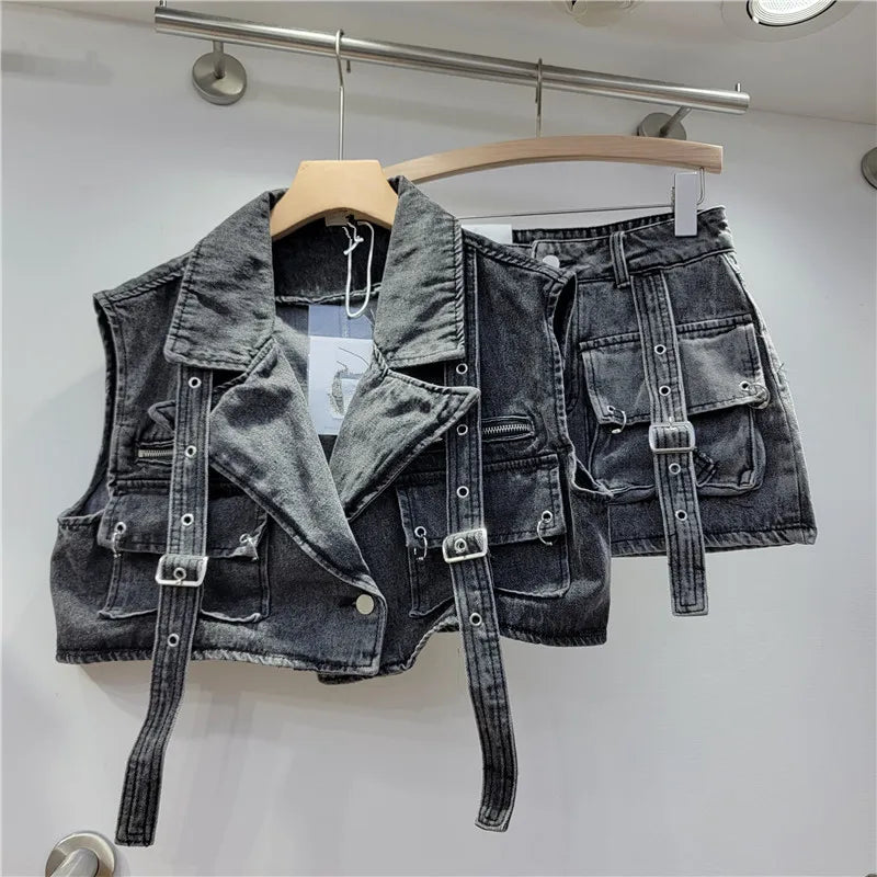 Retro Pink Large Pocket Denim Suit Spring Summer Sleeveless Short Vest High Waist Hip Wrapped Skirt 2 Pieces Sets Women Outfits