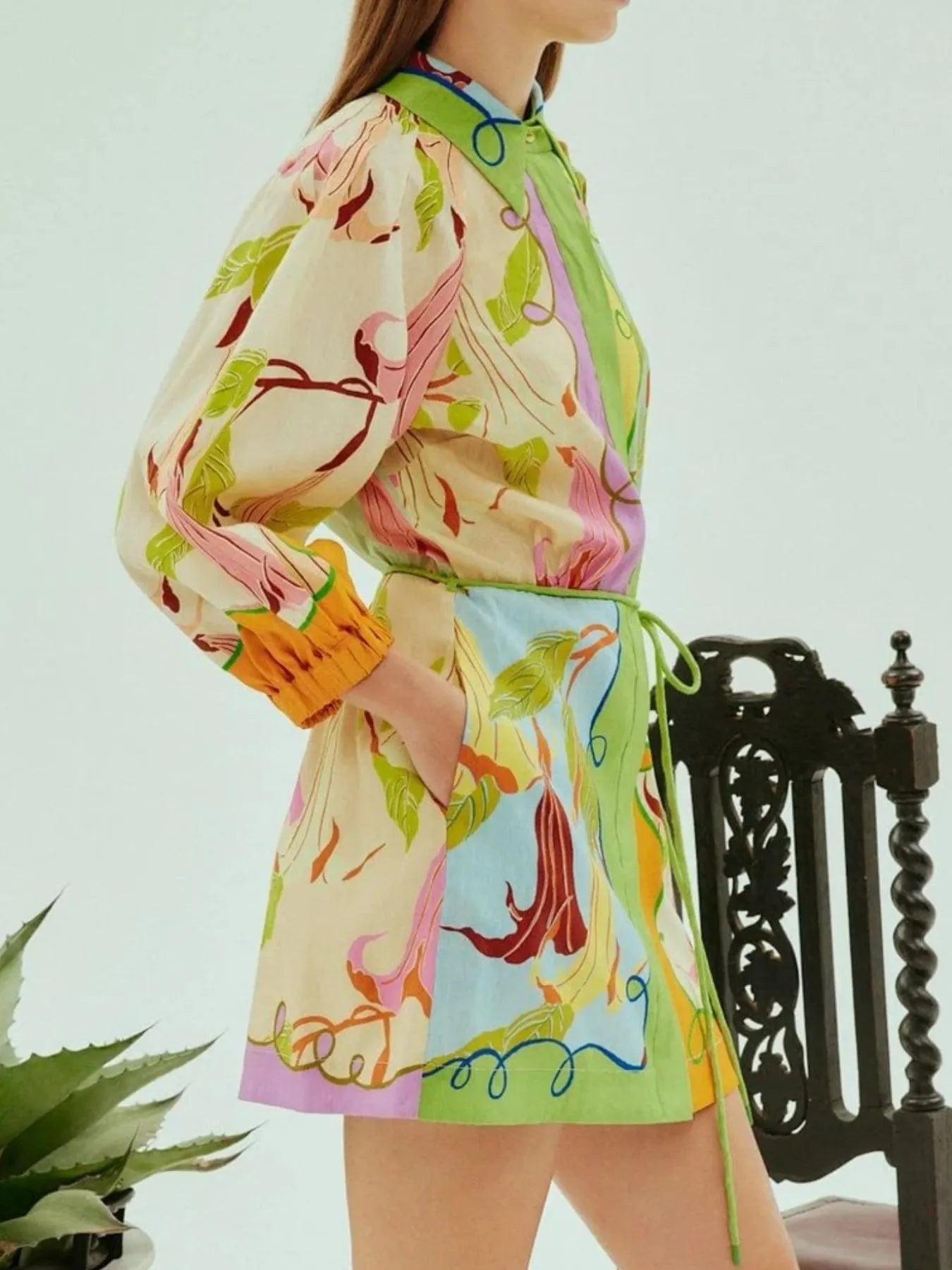 Abstract Print Tie Front Mini Shirt Dress with Pockets