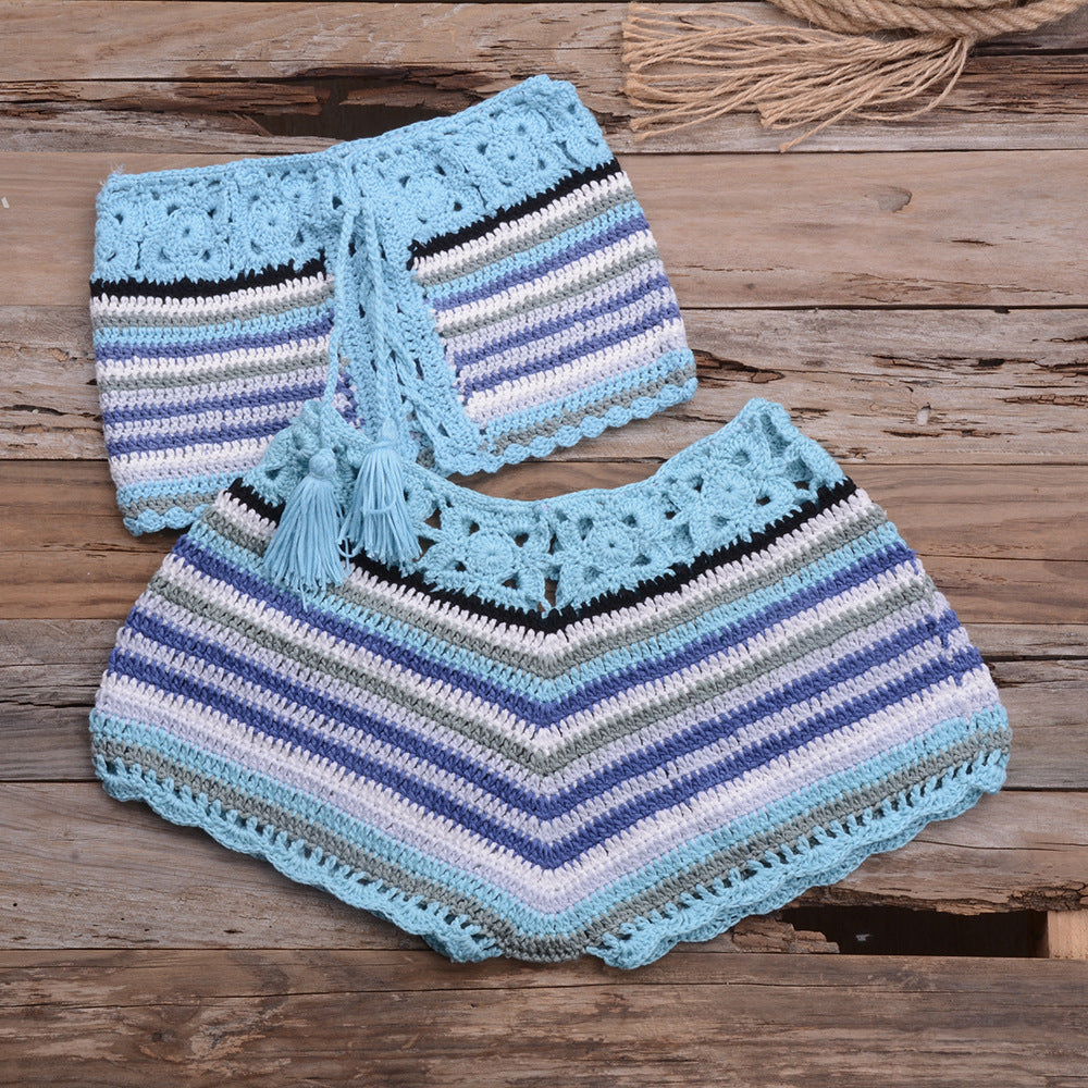 Internet Celebrity Popular Color Split Beach Handmade Bikini Strap Set