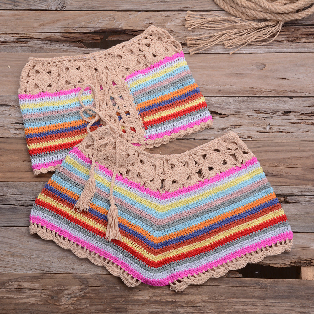 Internet Celebrity Popular Color Split Beach Handmade Bikini Strap Set