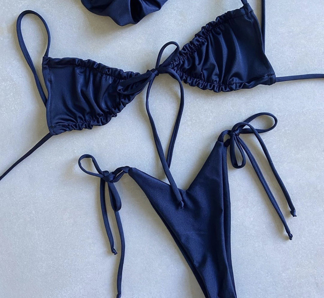 Popular Split Bikini Swimsuit Solid Color Women Bikini Tied Swimsuit