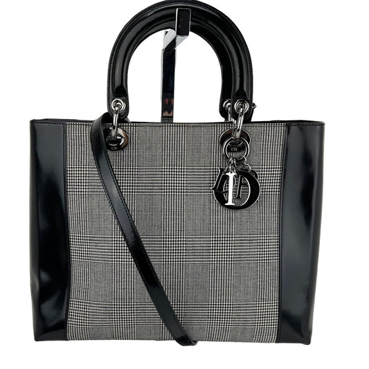 Christian Dior Large Lady Black Patent Leather Canvas Hand Bag