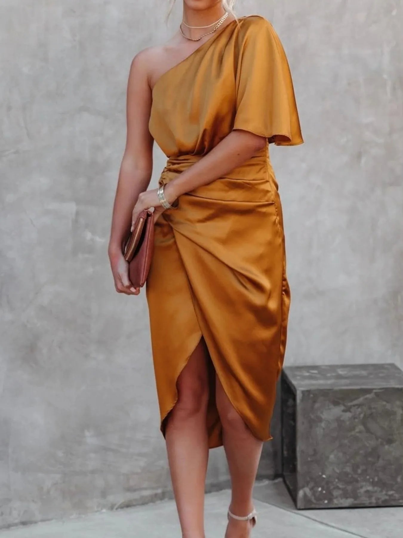 One-Shoulder Satin Wrap Dress with Side Slit