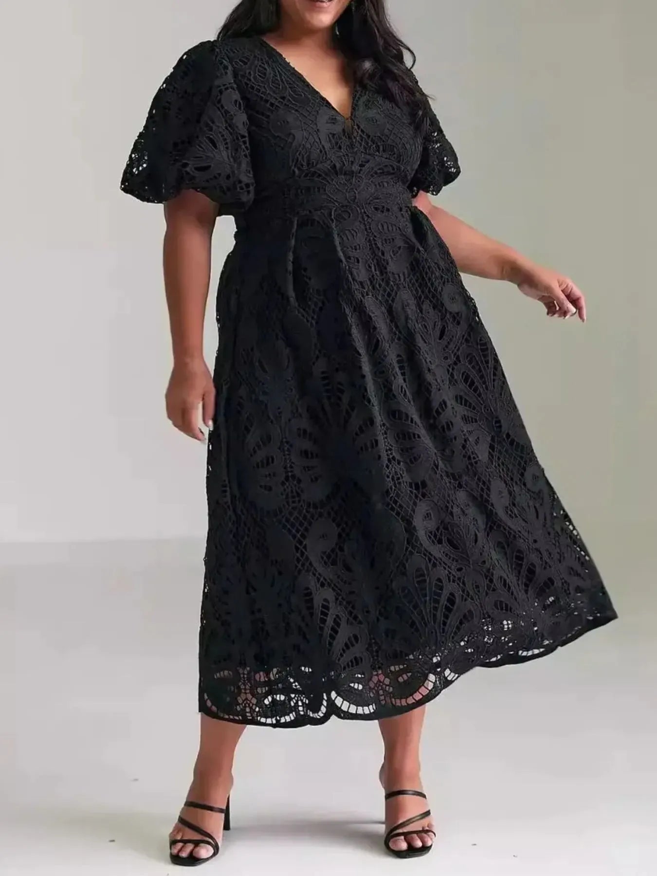 Lace V-Neck Midi Dress with Puff Sleeves