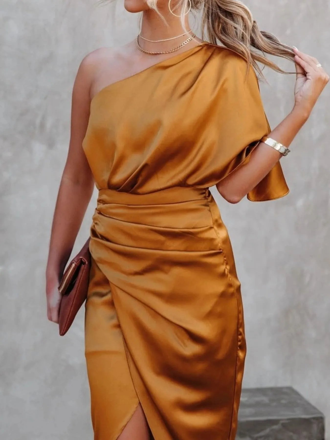 One-Shoulder Satin Wrap Dress with Side Slit