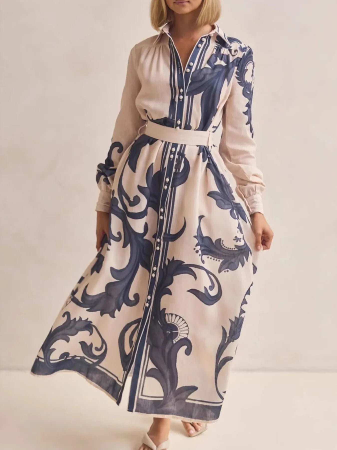 Printed Button Down Belted Shirt Dress