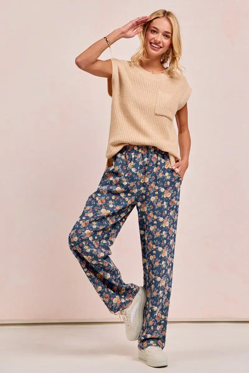 Bibi Washed Floral Print Wide Leg Jean High Waisted