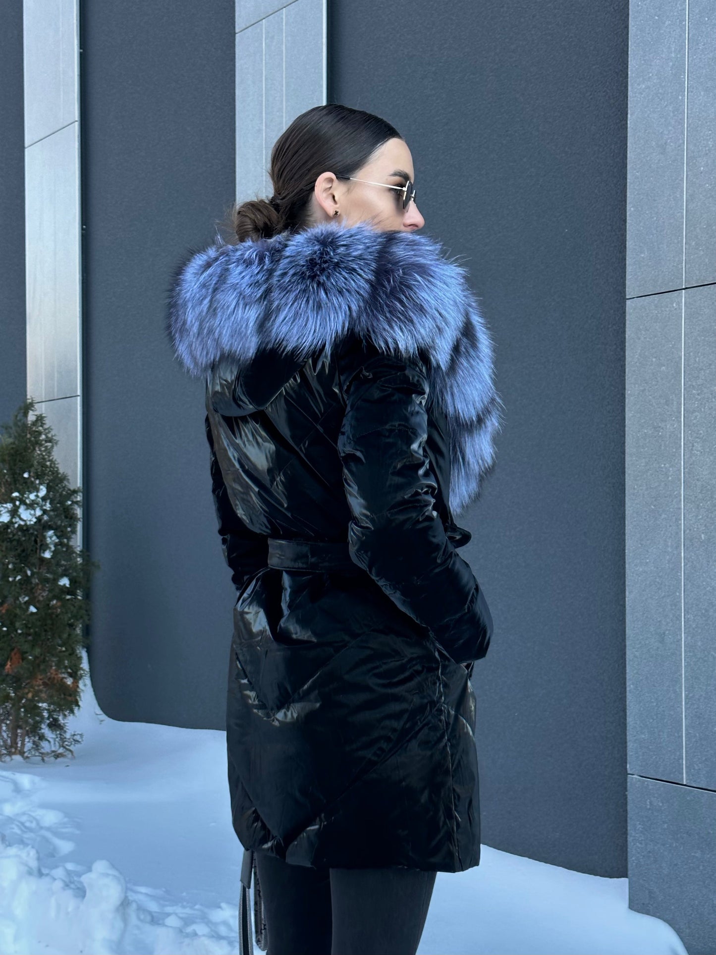 Manteau en duvet et fourrure de renard argenté véritable