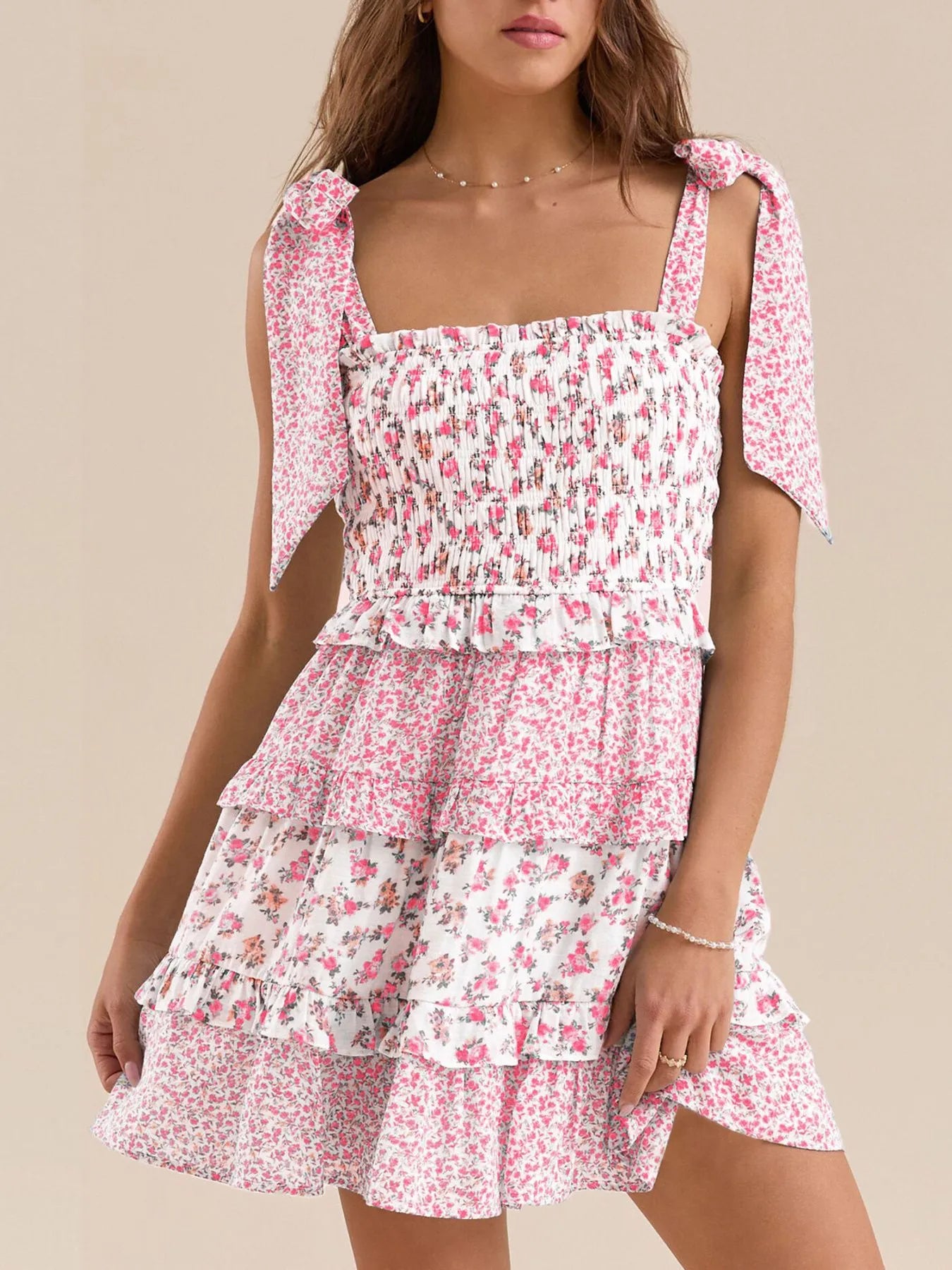 Floral Smocked Tie-Shoulder Summer Dress