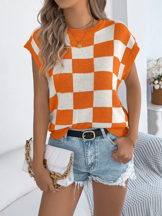 Checkered Round Neck Cap Sleeve Knit Top For Women Casual