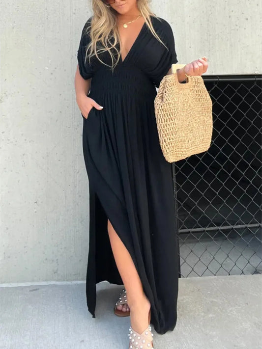 Deep V-Neck Maxi Dress with Side Slit Plus Size