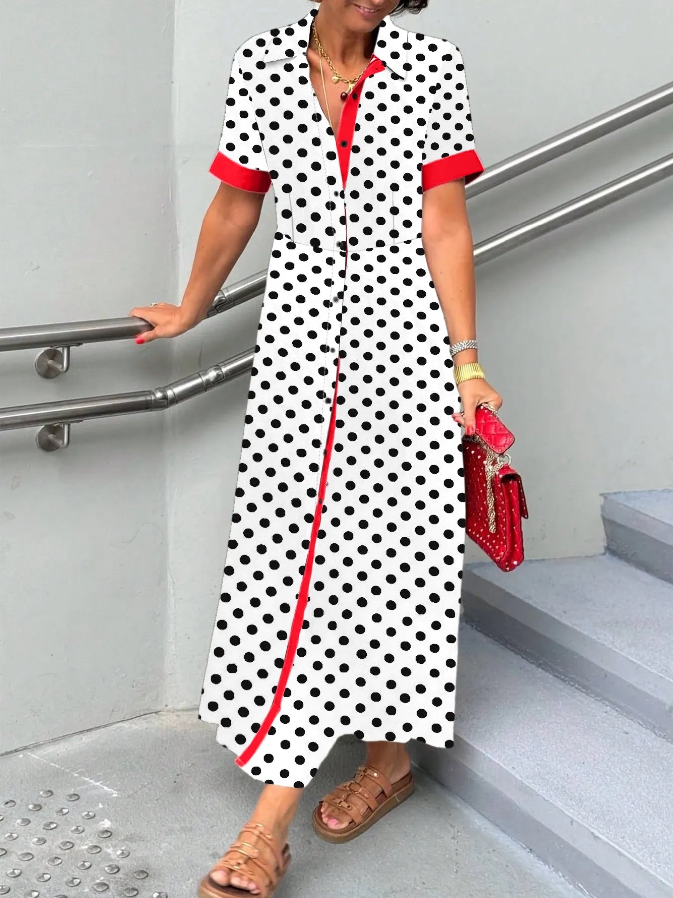 Polka Dot Short Sleeve Maxi Shirt Dress