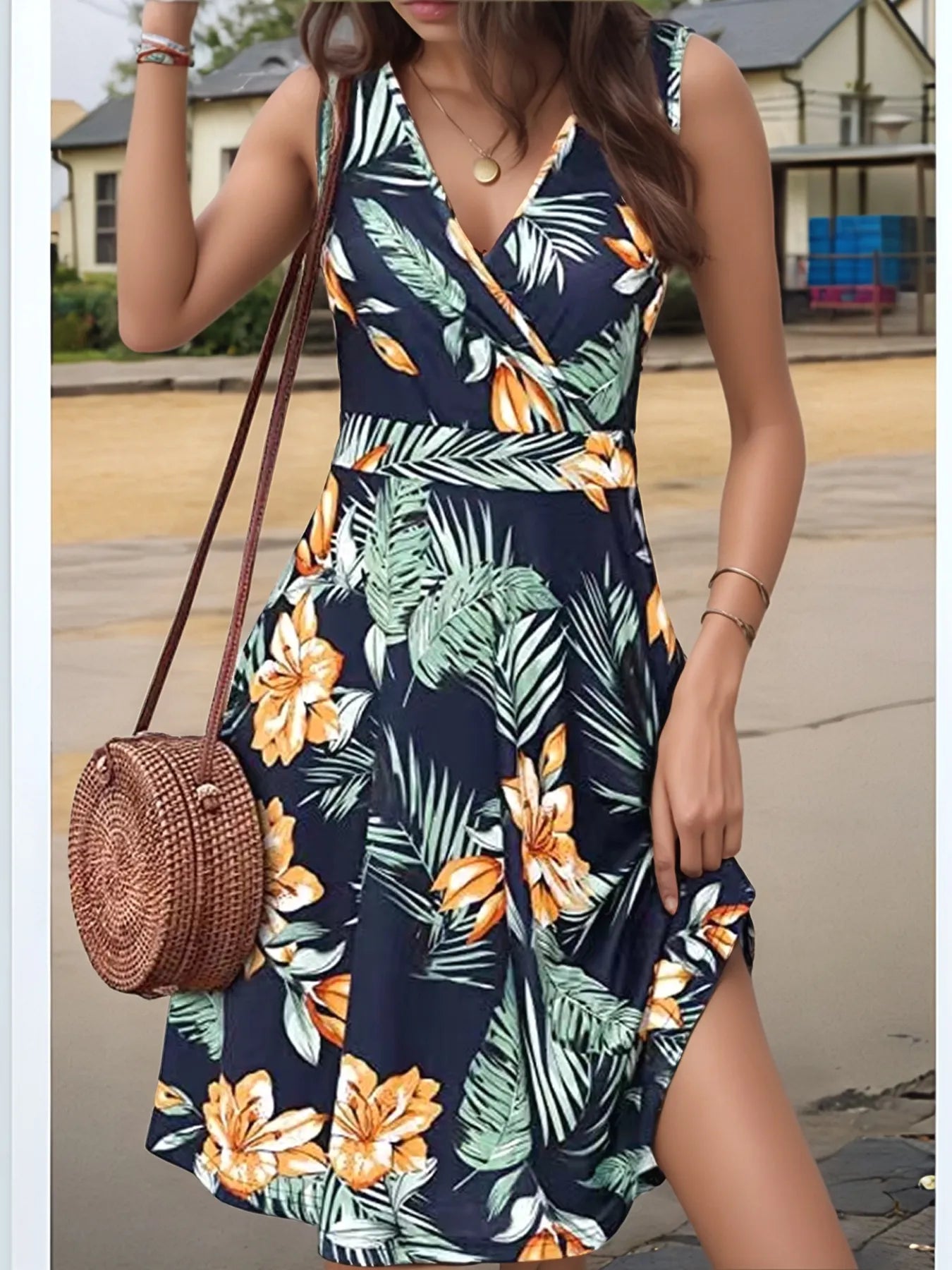 Printed Surplice Sleeveless Dress