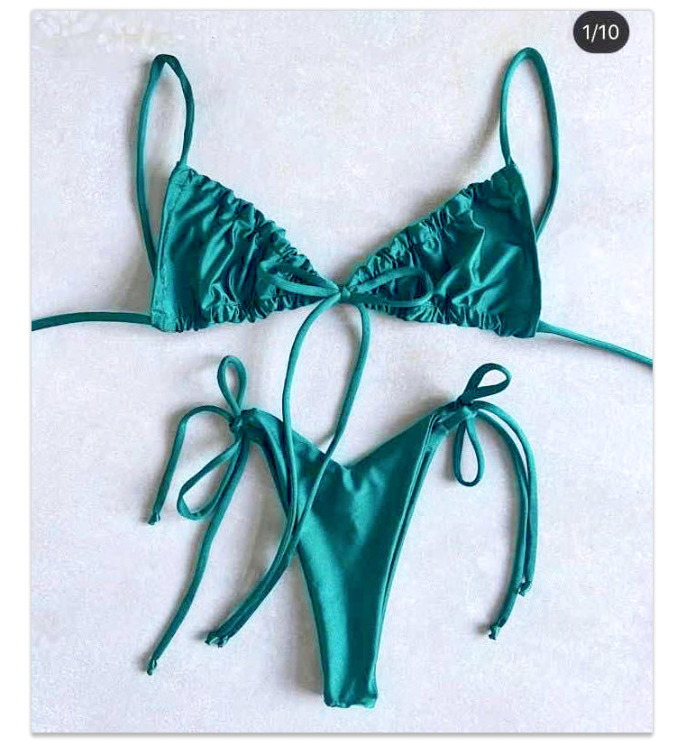 Popular Split Bikini Swimsuit Solid Color Women Bikini Tied Swimsuit