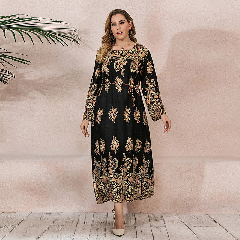 Plus Size Ethnic Loose Maxi Dress Cashew Printed Long Sleeve Dress