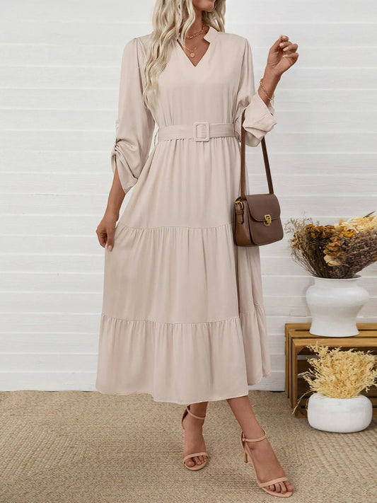 Tiered Notched Belted Midi Dress