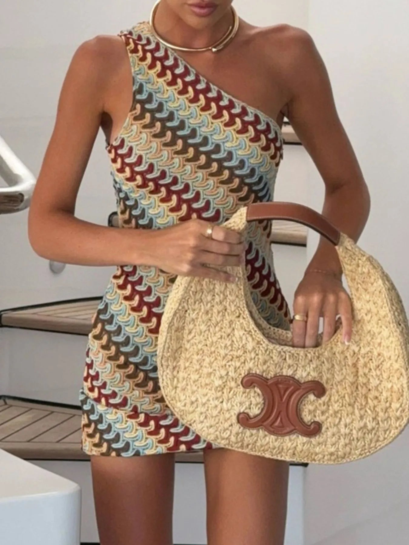 One Shoulder Geometric Print Mini Dress