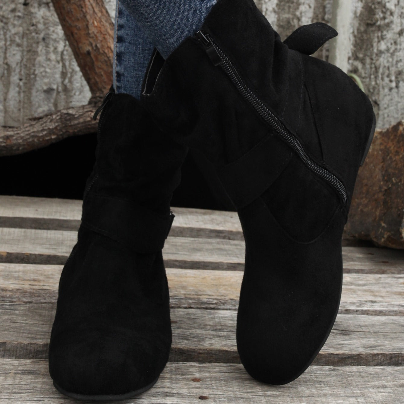 Ankle Boots  Round Toe Buckle Belt Side Zipper Boots