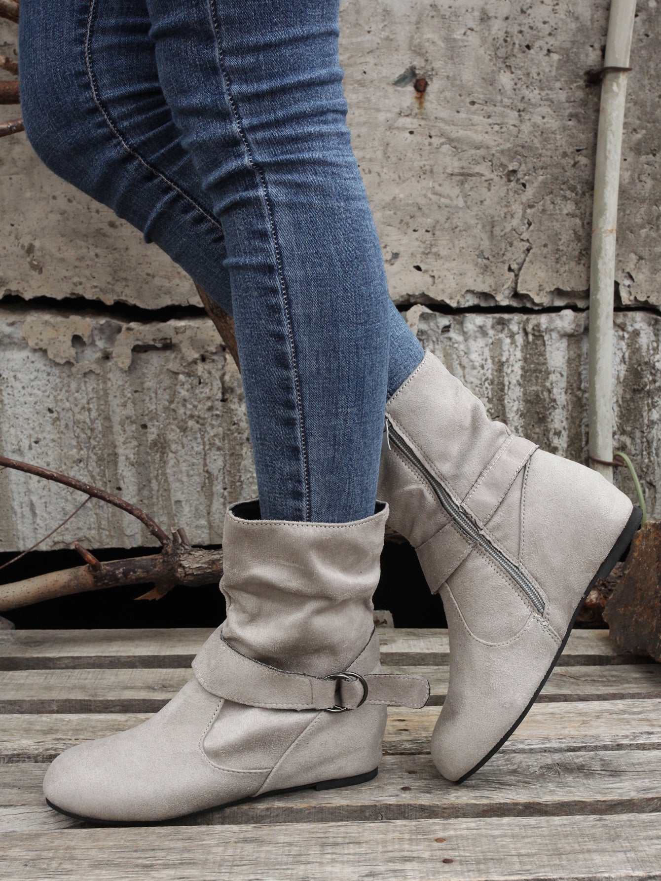 Ankle Boots  Round Toe Buckle Belt Side Zipper Boots