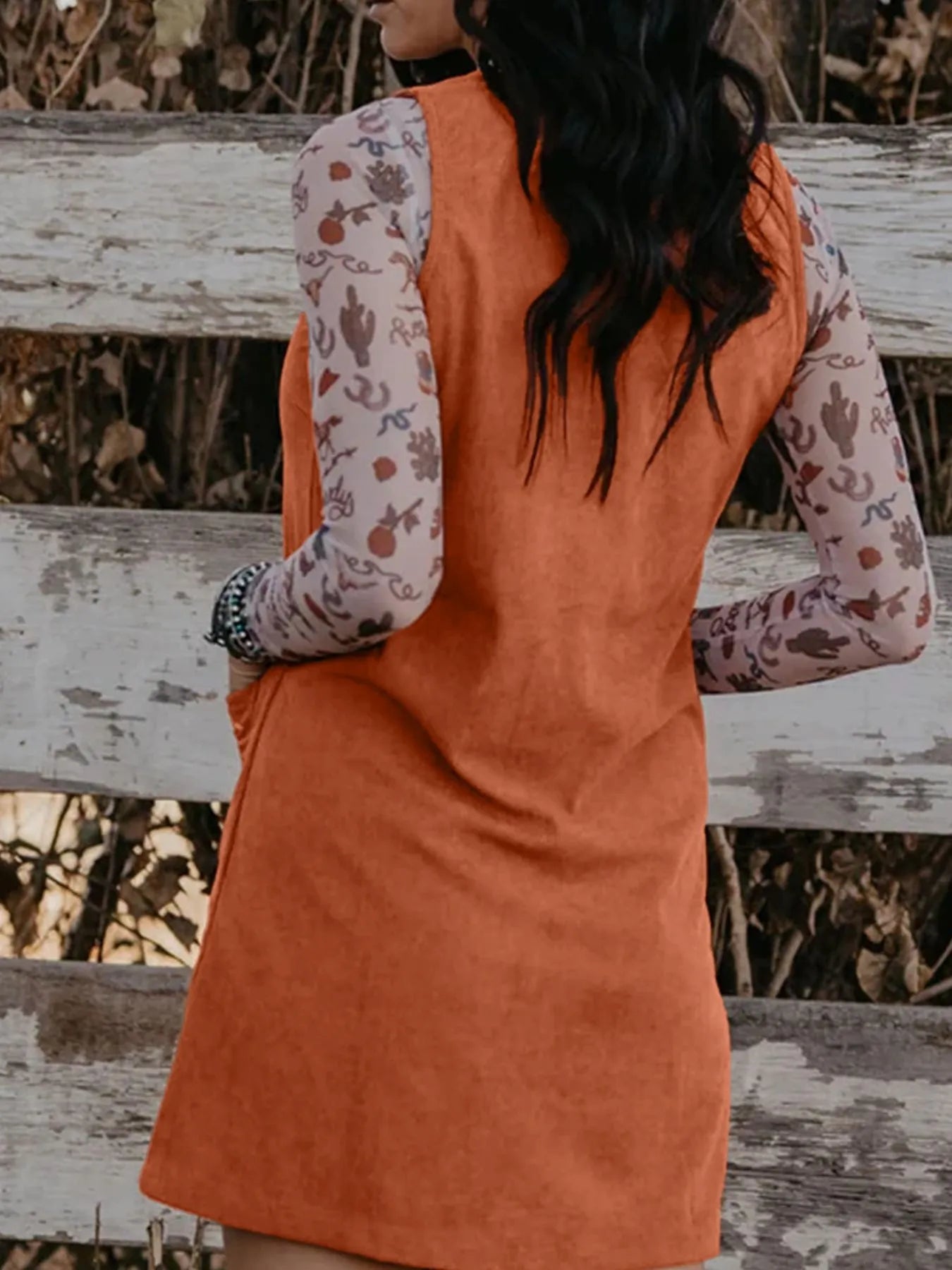 Corduroy Western Embroidered Patched Pocket Shift Sleeveless Mini Dress